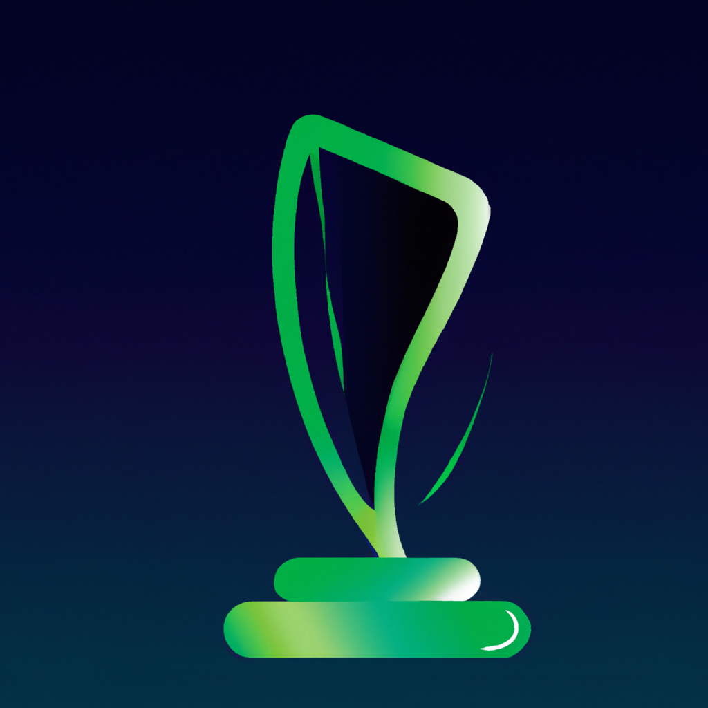 Icône trophée minimaliste en verre avec reflets verts et bleus