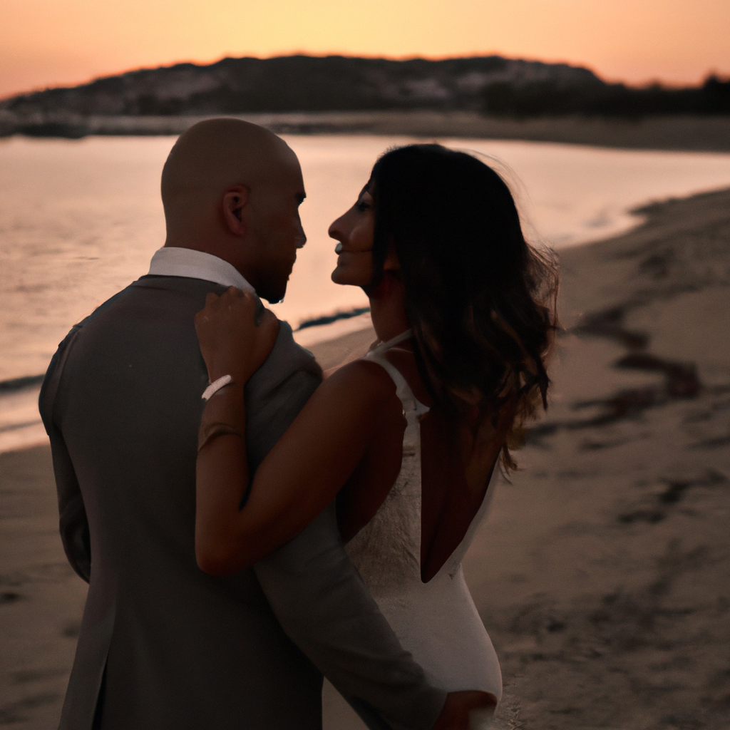 Couple de mariés sur la plage, coucher de soleil, baiser