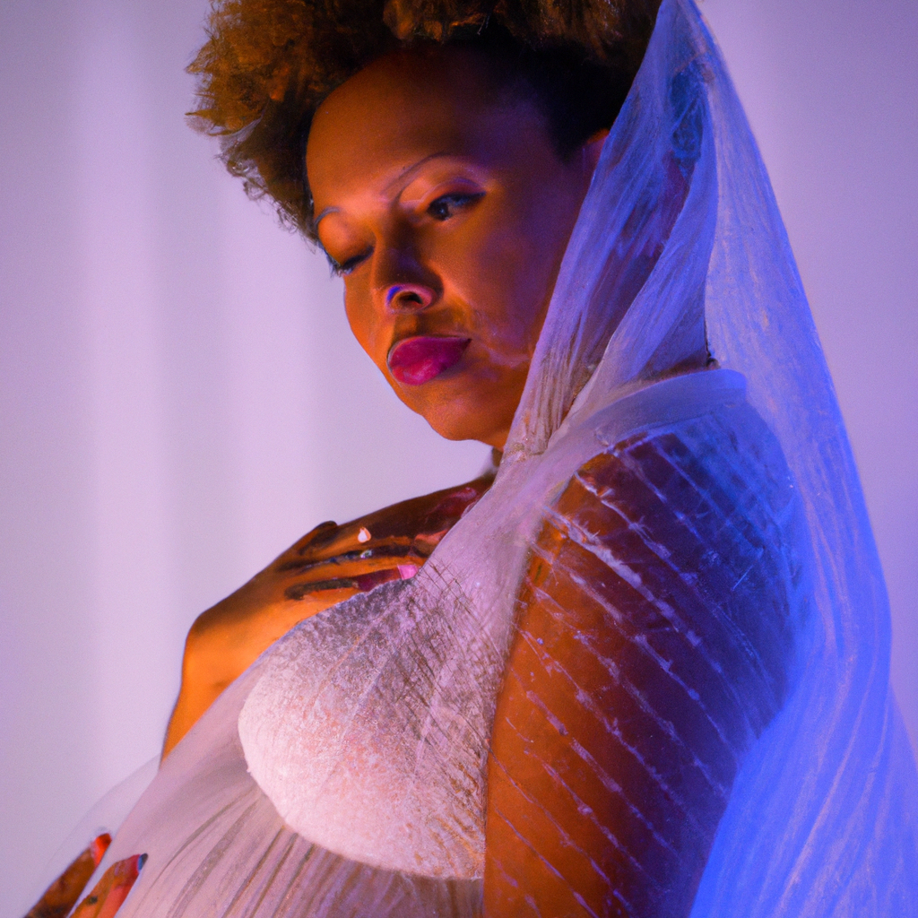 Portrait grossesse en studio Martinique, lumière tamisée et voilage blanc
